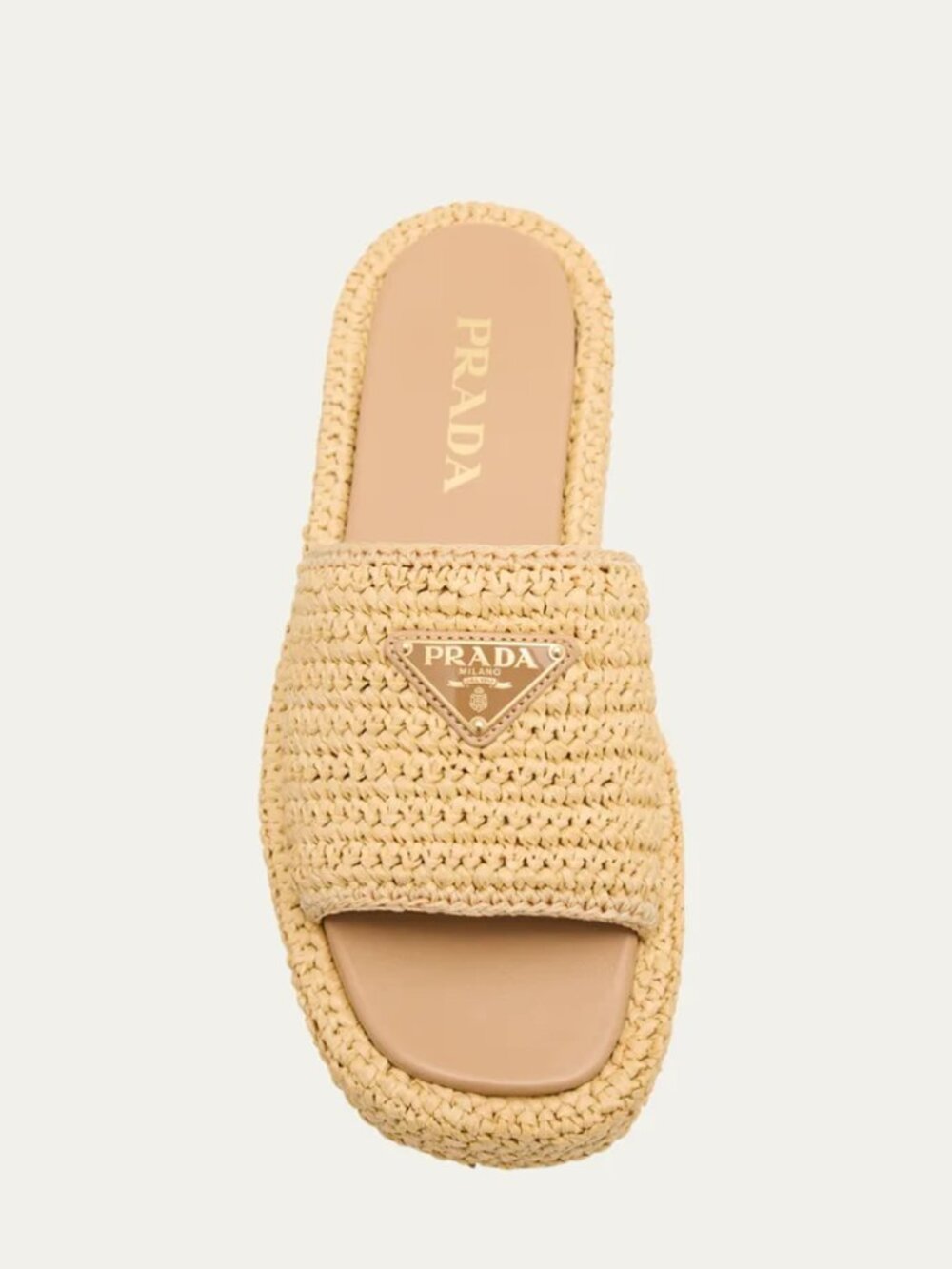 NWOB PRADA Raffia Single Band Platform Triangle Logo Sandals Slides Natural 37 - Picture 1 of 11